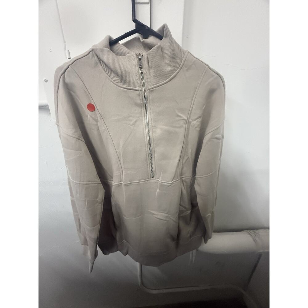 Women's Beige Solid Zip Front Mock Neck Sweatshirt Long Sleeve Pockets Size XL